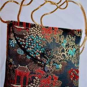 Custom VTG Handmade Chinese Silk Asian Envelope Handbag w/56" Vendome Gold Chain
